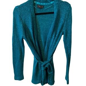 ONE A Teal Sequin Cardigan Sweater Belted Long Sleeve Women's L